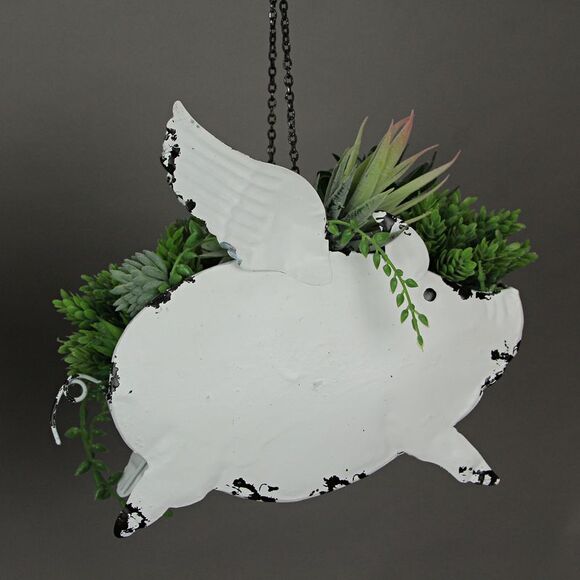Metal Distressed White Flying Pig Hanging Planter Set Large & Small Flower Pots - Picture 7 of 8